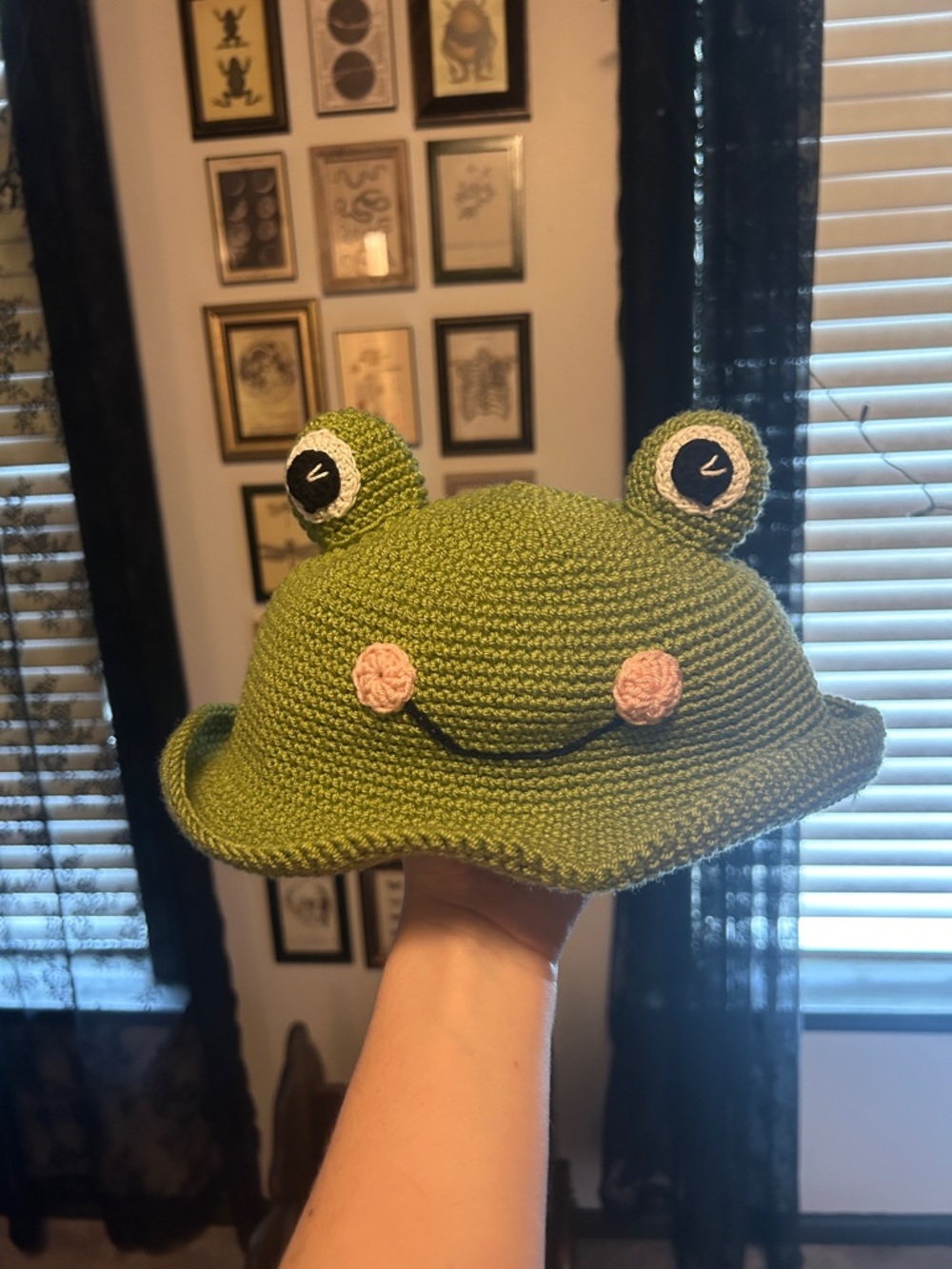 Handmade Crocheted Frog Bucket Hat - Green with Pink Cheeks